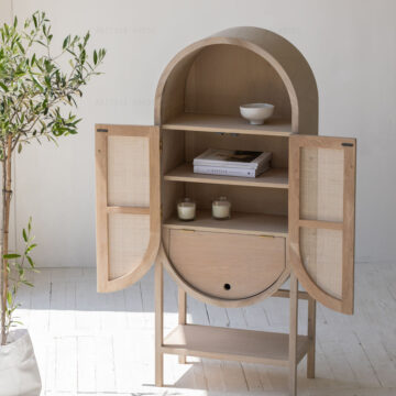 Arched Top Wooden Cabinet with Rattan Detailing - Modern Rustic Storage