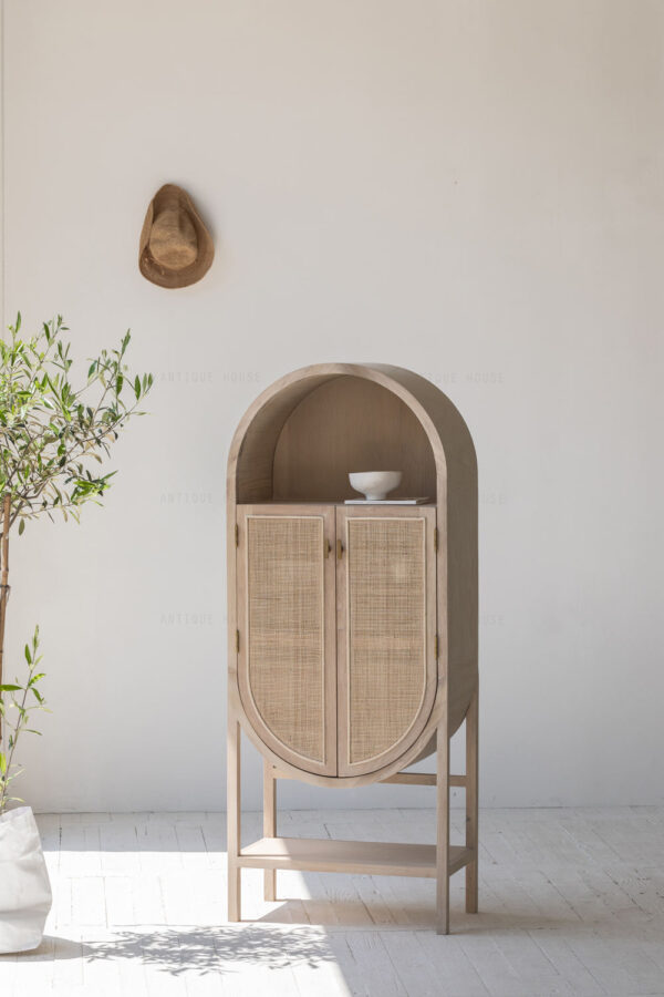 Arched Top Wooden Cabinet with Rattan Detailing - Modern Rustic Storage 1
