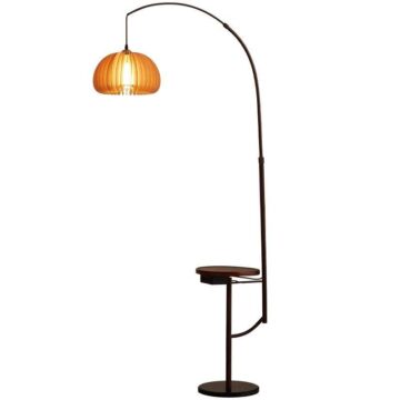 Modern Arched Floor Lamp with Orange Dome Shade and Attached Table