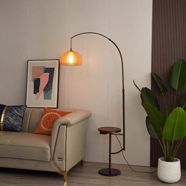 Modern Arched Floor Lamp with Orange Dome Shade and Attached Table 1