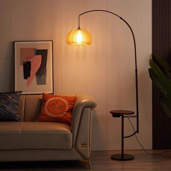 Modern Arched Floor Lamp with Orange Dome Shade and Attached Table 1