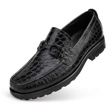 Men’s Black Crocodile Pattern Leather Loafers – Slip-On Dress Shoes with Buckle