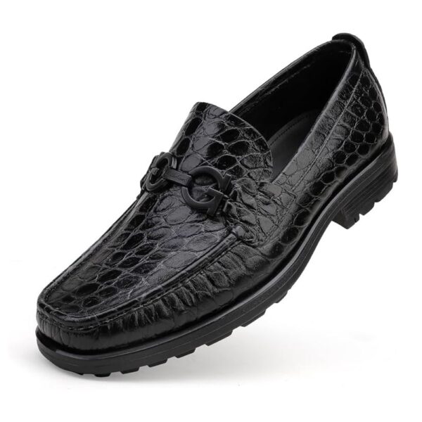 Men’s Black Crocodile Pattern Leather Loafers – Slip-On Dress Shoes with Buckle (Size 7–12) 1