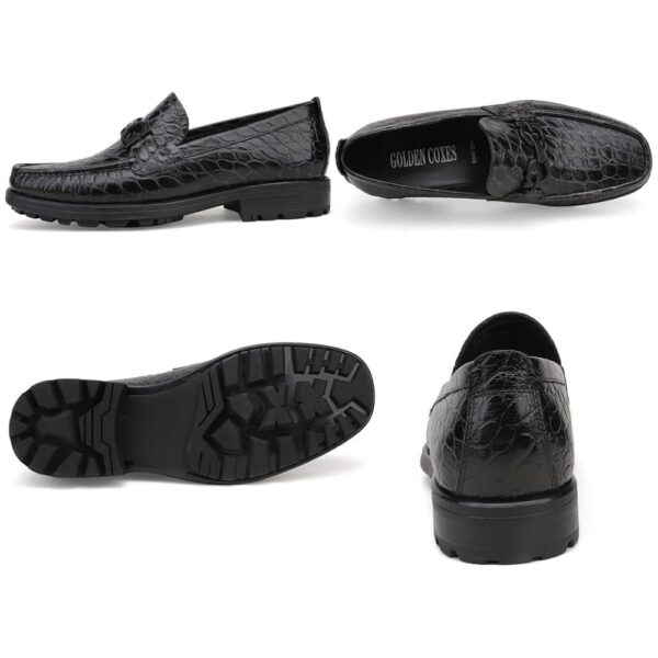Men’s Black Crocodile Pattern Leather Loafers – Slip-On Dress Shoes with Buckle (Size 7–12) 1