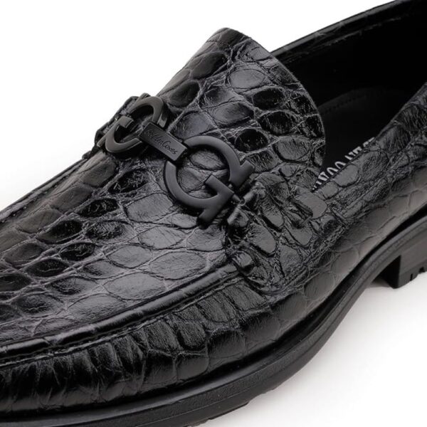Men’s Black Crocodile Pattern Leather Loafers – Slip-On Dress Shoes with Buckle (Size 7–12) 1