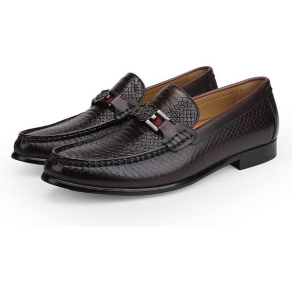 Men’s Brown Crocodile Pattern Leather Loafers – Slip-On Dress Shoes with Metal Accent (Size 7–12) 1