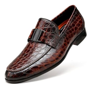 Men’s Brown Crocodile Pattern Leather Loafers – Slip-On Dress Shoes with Buckle