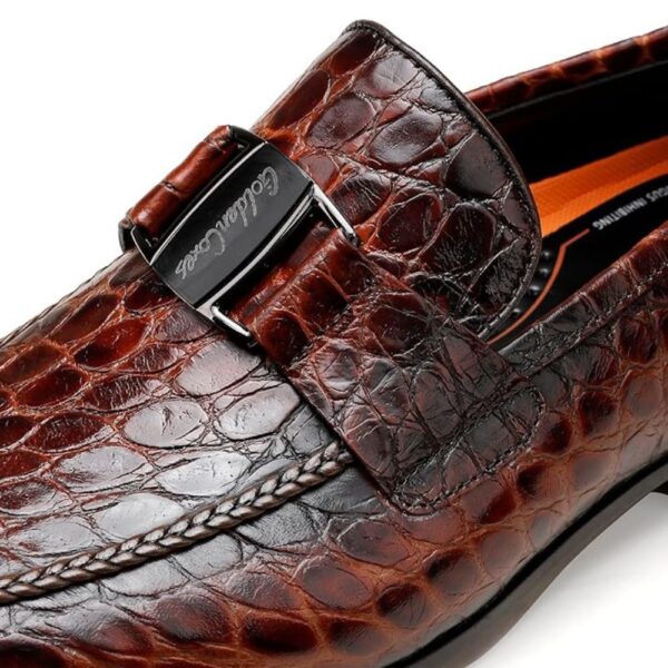 Men’s Brown Crocodile Pattern Leather Loafers – Slip-On Dress Shoes with Buckle (Size 7–12) 1