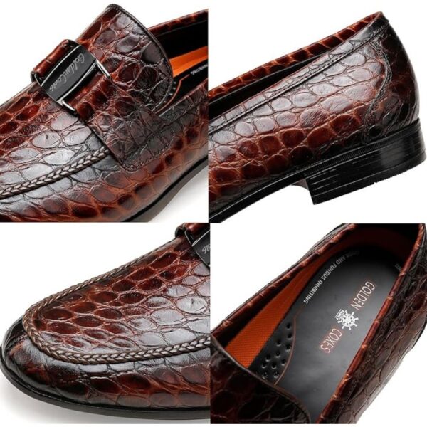 Men’s Brown Crocodile Pattern Leather Loafers – Slip-On Dress Shoes with Buckle (Size 7–12) 1