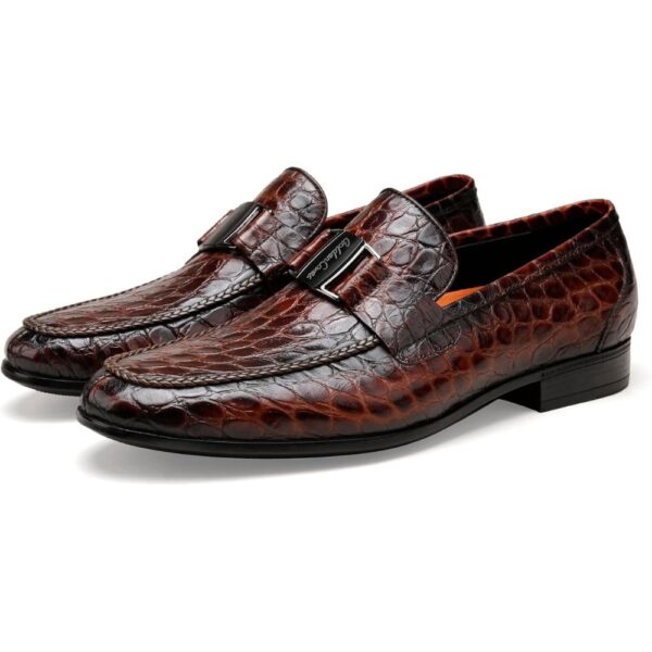 Men’s Brown Crocodile Pattern Leather Loafers – Slip-On Dress Shoes with Buckle (Size 7–12) 1