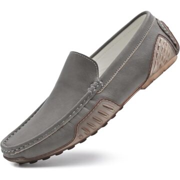 Men’s Grey Leather Casual Loafers – Lightweight Slip-On Driving Shoes