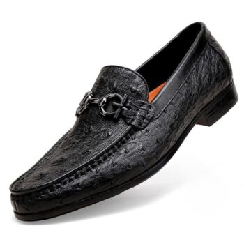 Men’s Black Ostrich Pattern Leather Loafers – Slip-On Dress Shoes with Buckle