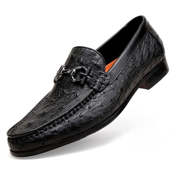 Men’s Black Ostrich Pattern Leather Loafers – Slip-On Dress Shoes with Buckle (Size 7–12) 1