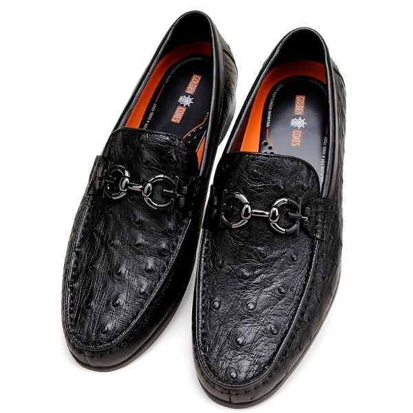 Men’s Black Ostrich Pattern Leather Loafers – Slip-On Dress Shoes with Buckle (Size 7–12) 1