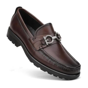 Men’s Coffee Leather Loafers with Metal Buckle – Slip-On Dress Shoes