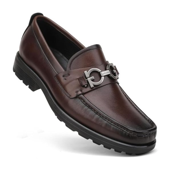 Men’s Coffee Leather Loafers with Metal Buckle – Slip-On Dress Shoes (Size 7–12) 1